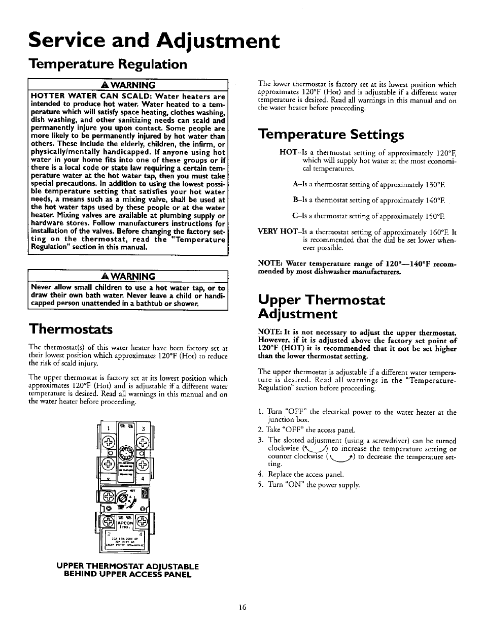 Temperature regulation, Thermostats, Temperature settings | Upper thermostat adjustment, Service and adjustment, A warning, Awarning | Kenmore Power Miser 12 153.320493 HT User Manual | Page 16 / 32