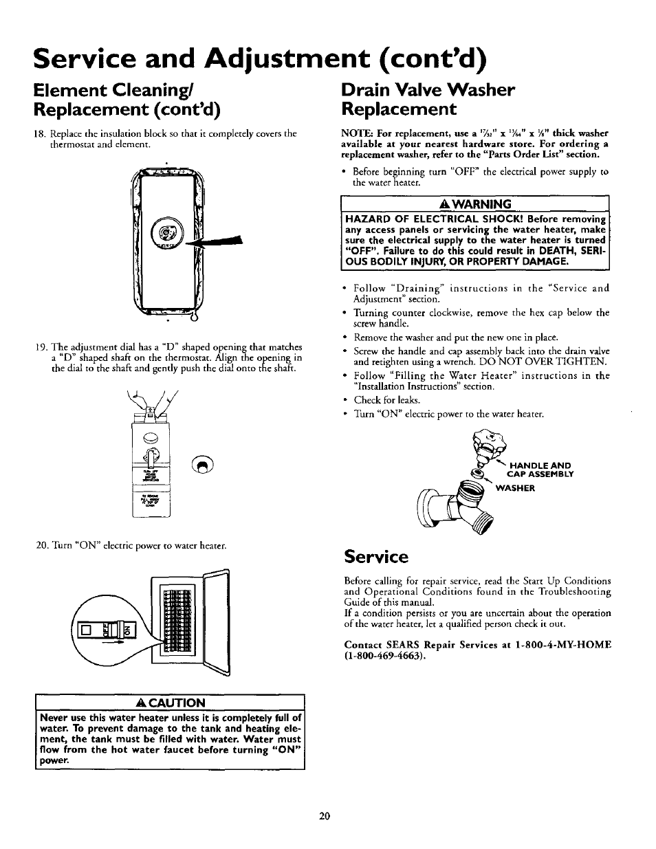 Element cleaning/ replacement (cont’d), Drain valve washer replacement, Service | Service and adjustment (contad), A warning | Kenmore Power Miser 12 153.320493 HT User Manual | Page 20 / 32