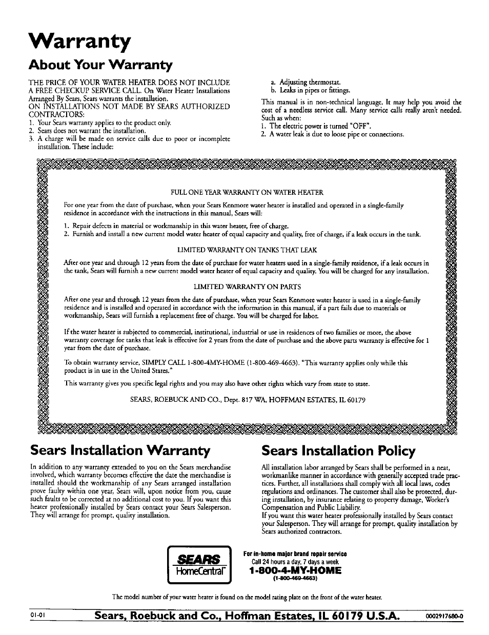 About your warranty, Sears installation warranty, Sears installation policy | For in-homa major brand repair service, 00029i768cm), Warranty, 800-4-my-home | Kenmore Power Miser 12 153.320493 HT User Manual | Page 32 / 32