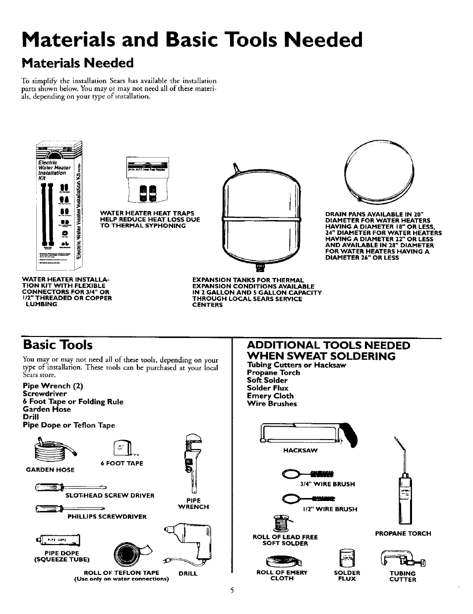 Materials needed, Basic tools, Materials and basic tools needed | Additional tools needed when sweat soldering | Kenmore Power Miser 12 153.320493 HT User Manual | Page 5 / 32