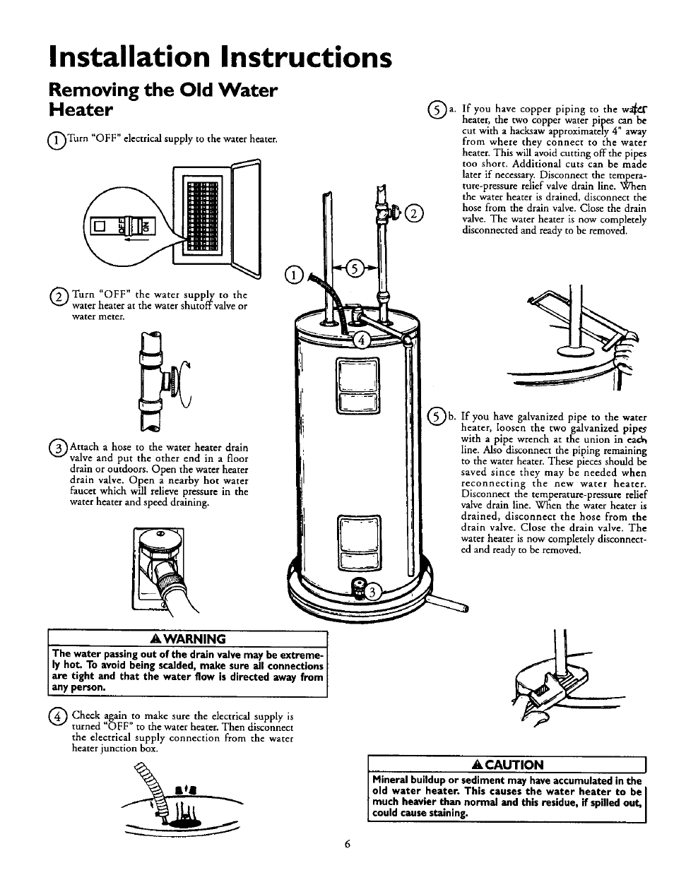 Removing the old water heater, A warning, A caution | Installation instructions | Kenmore Power Miser 12 153.320493 HT User Manual | Page 6 / 32