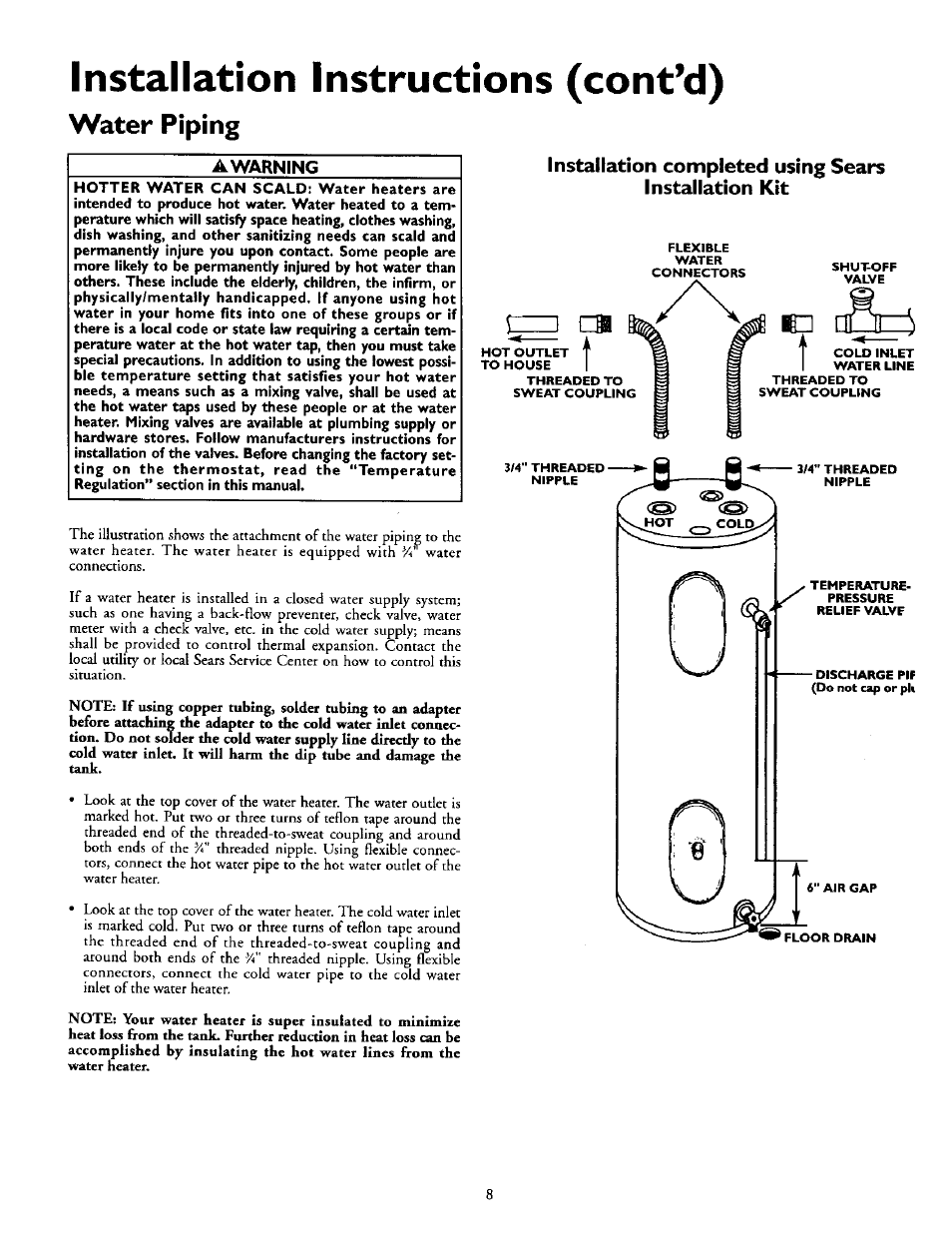 Water piping, Awarning, Installation instructions (cont*d) | Kenmore Power Miser 12 153.320493 HT User Manual | Page 8 / 32