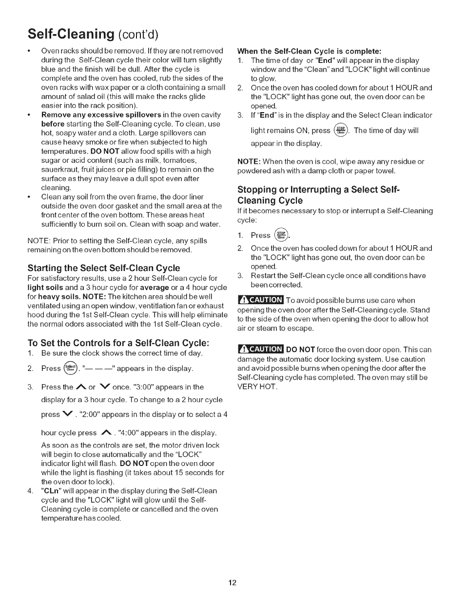 Starting the select self-clean cycle, To set the controls for a self-clean cycle, When the self-clean cycle is complete | Self-cleaning (cont’d) | Kenmore 790.7156 User Manual | Page 12 / 17