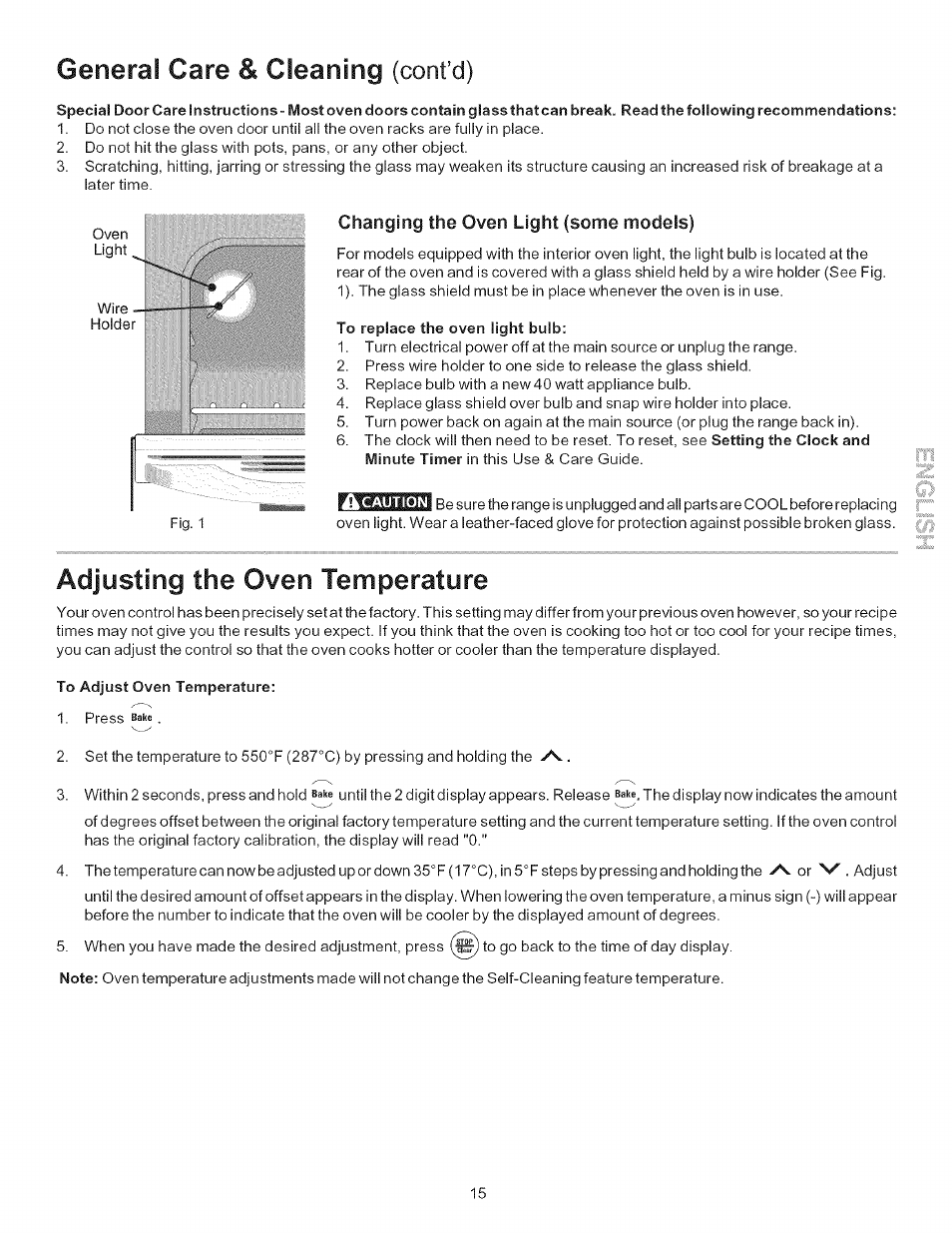 Changing the oven light (some models), To replace the oven light bulb, To adjust oven temperature | Generai care & cleaning (cont’d), Adjusting the oven temperature | Kenmore 790.7156 User Manual | Page 15 / 17