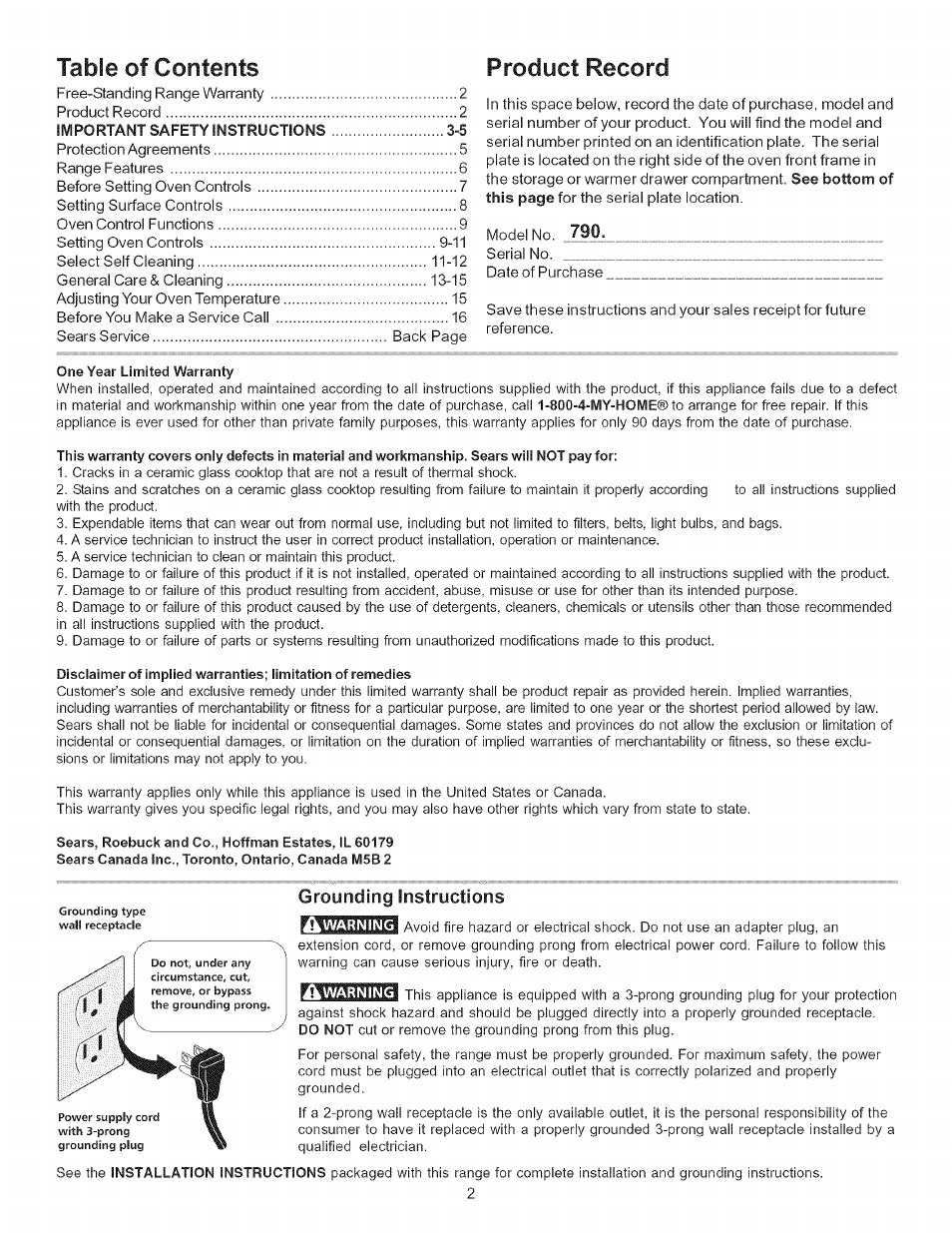 Grounding instructions, Table of contents product record | Kenmore 790.7156 User Manual | Page 2 / 17