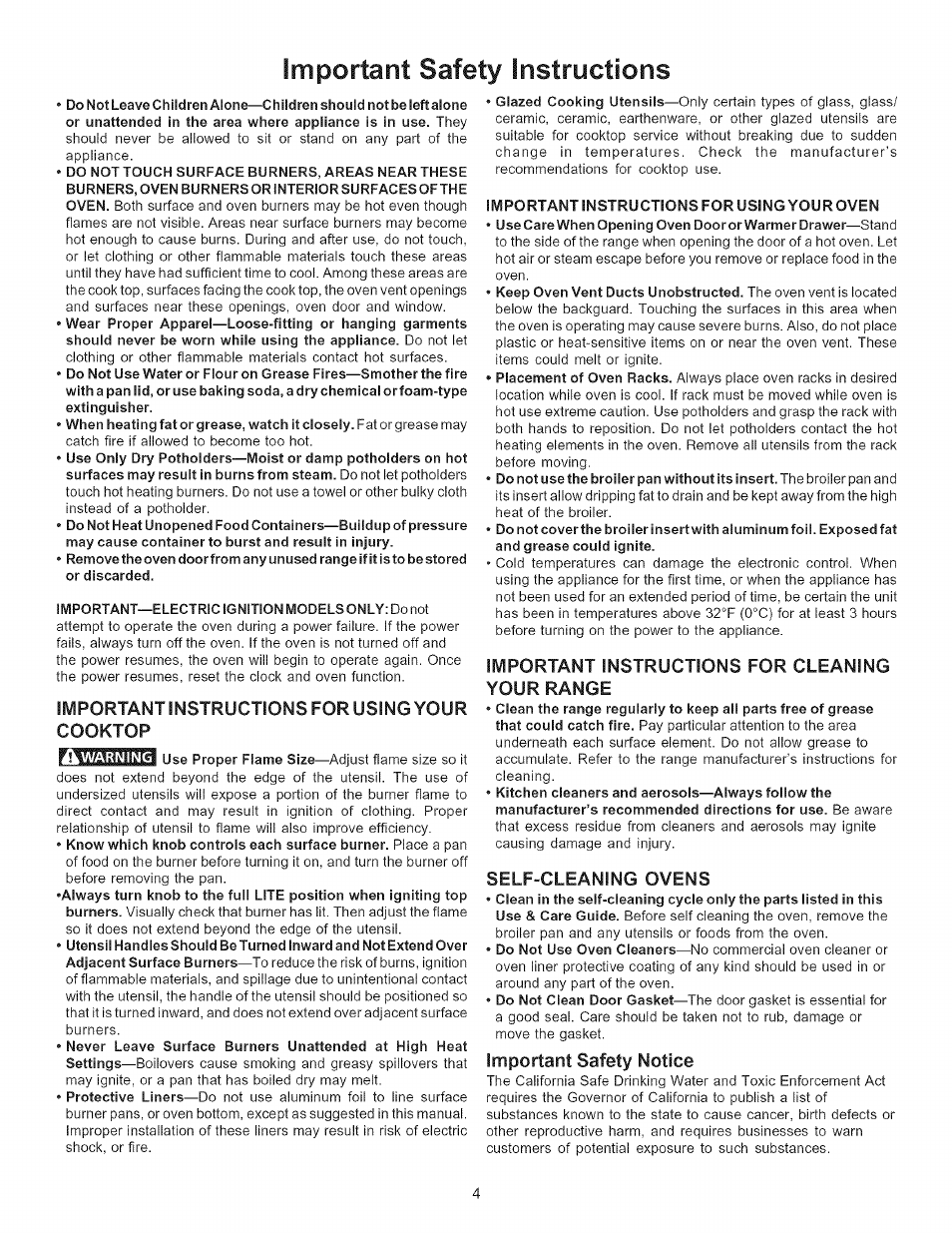 Important safety instructions, Important instructions for using your cooktop, Important instructions for using youroven | Important instructions for cleaning your range, Self-cleaning ovens, Important safety notice | Kenmore 790.7156 User Manual | Page 4 / 17