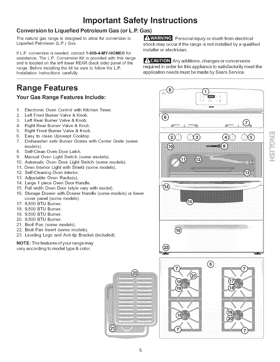 Important safety instructions, Your gas range features include, Range features | Kenmore 790.7156 User Manual | Page 5 / 17