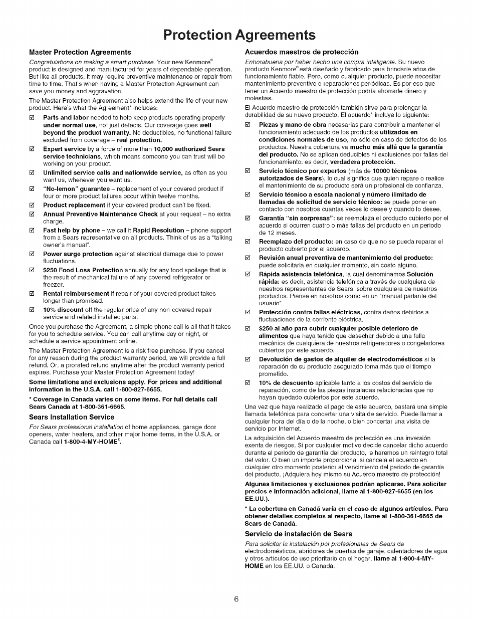 Protection agreements | Kenmore 790.7156 User Manual | Page 6 / 17