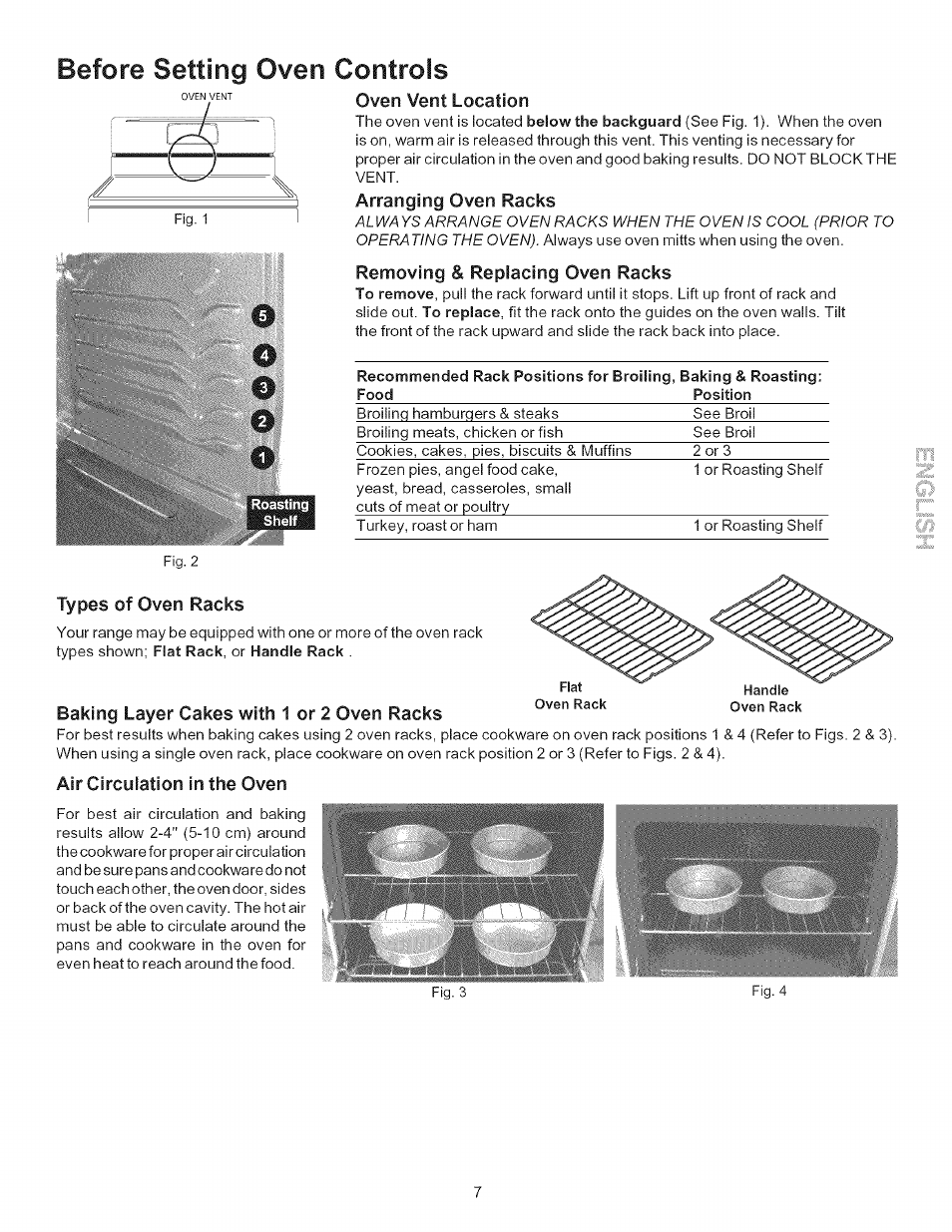 Arranging oven racks, Removing & replacing oven racks, Types of oven racks | Baking layer cakes with 1 or 2 oven racks, Air circulation in the oven, Before setting oven controls | Kenmore 790.7156 User Manual | Page 7 / 17