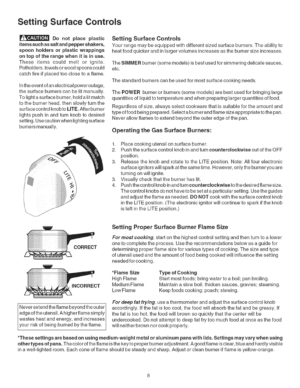 Setting surface controls, Operating the gas surface burners, Setting proper surface burner flame size | Kenmore 790.7156 User Manual | Page 8 / 17