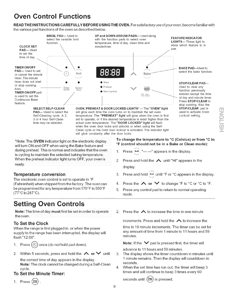 Temperature conversion, To set the clock, To set the minute timer | Oven control functions, Setting oven controls | Kenmore 790.7156 User Manual | Page 9 / 17