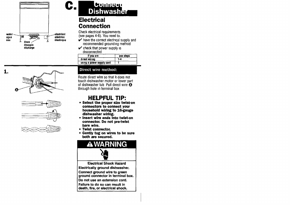 Electrical, Connection, Helpful tip | Dishwash, Electrical connection, Warning | Kenmore 9744231 User Manual | Page 18 / 24