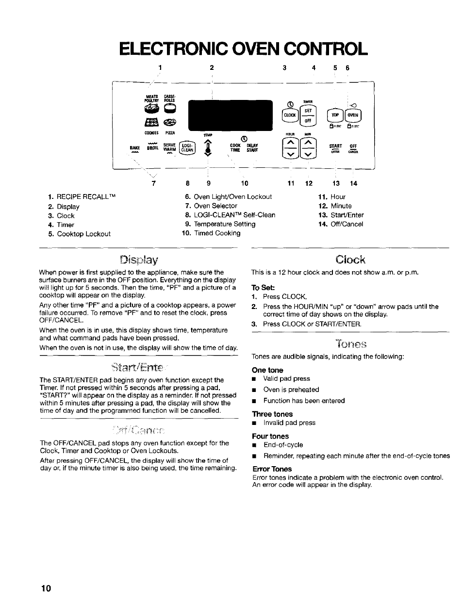 Electronic oven control, To set, One tone | Three tones, Four tones, Error tones, Display, Stait./ente, Clock, Tones | Kenmore 665.75022 User Manual | Page 10 / 23