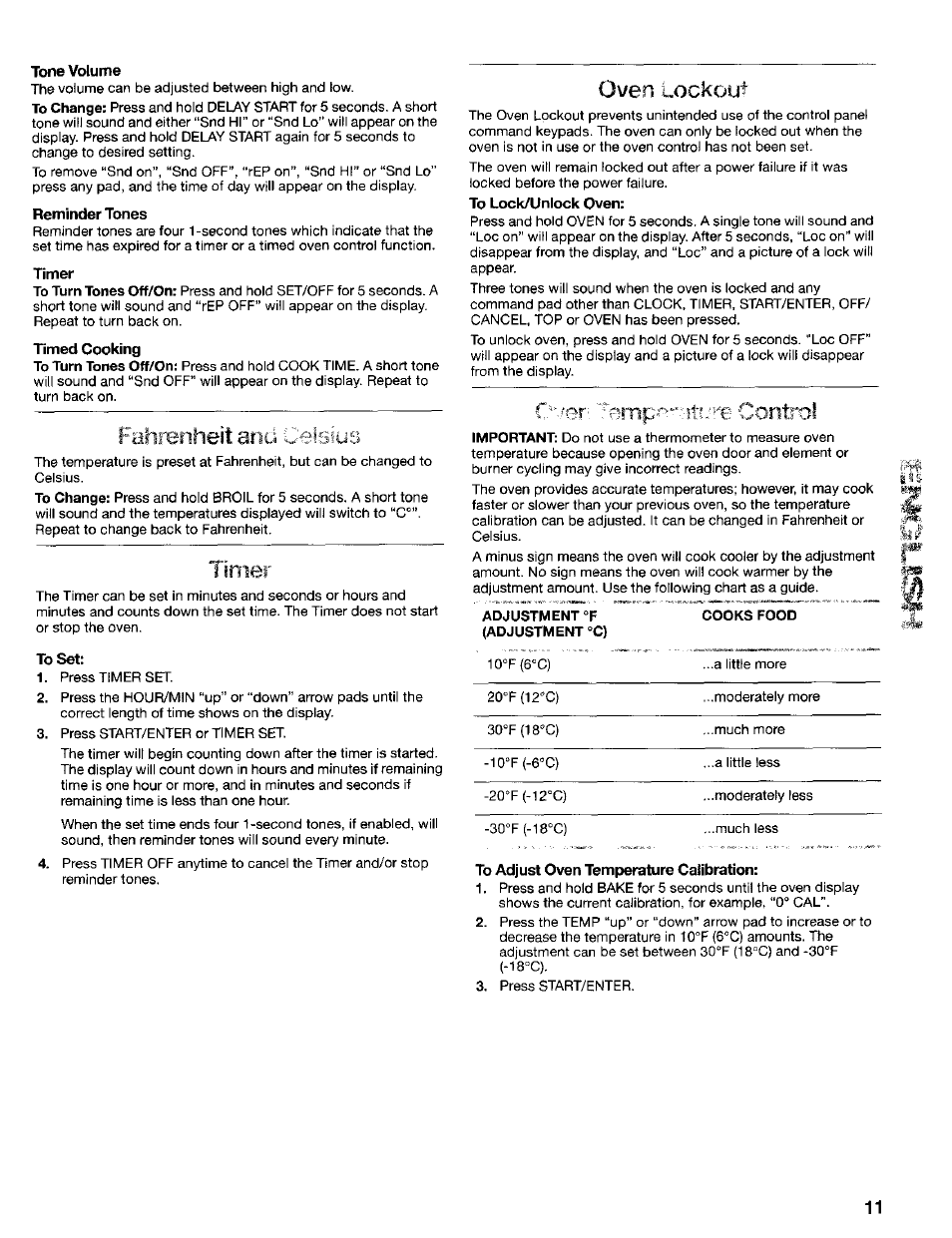 Tone volume, Reminder tones, Timer | Timed cooking, To set, To lock/unlock oven, To adjust oven temperature caiibration, Faiirenlieit and ceisius, Oven lockout, Control | Kenmore 665.75022 User Manual | Page 11 / 23