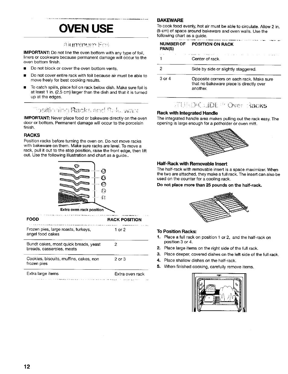 Oven use, Racks, Rack with integrated handle | Half-rack with removable insert, To position racks | Kenmore 665.75022 User Manual | Page 12 / 23