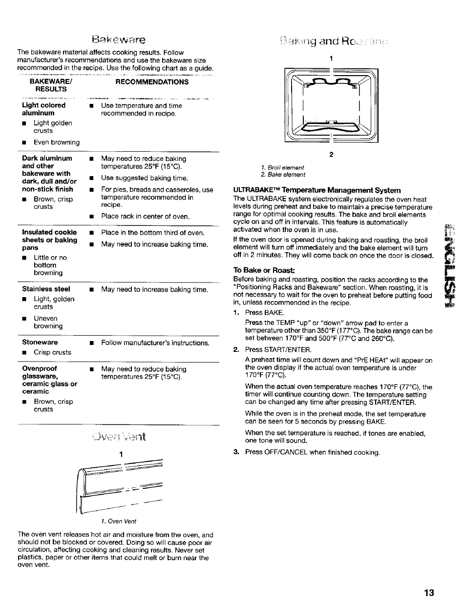 Ultrabake™ temperature management system, To bake or roast, Bakeware | Oven vent, Baking and rc.i; nn | Kenmore 665.75022 User Manual | Page 13 / 23