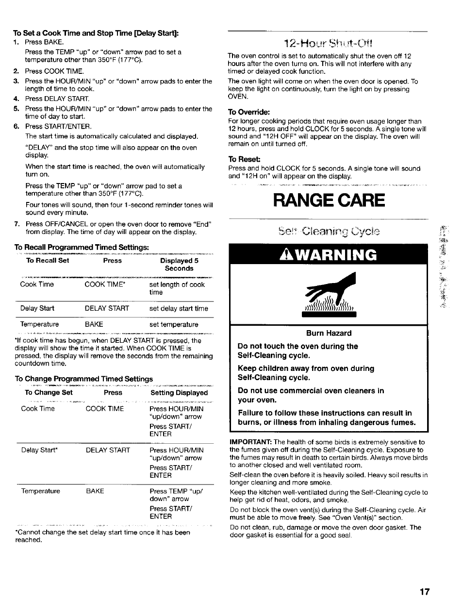 To set a cook time and stop time [delay start, To recaii programmed timed settings, To override | To reset, Range care, Awarning, Hour sfiut-ofl, Se*^ cleaning cycle | Kenmore 665.75022 User Manual | Page 17 / 23