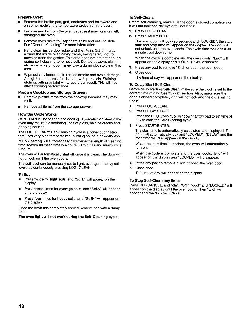 Prepare oven, Prepare cooktop and storage drawer, How the cycle works | To set, To self-clean, To delay start self-clean, To stop self-clean any time | Kenmore 665.75022 User Manual | Page 18 / 23