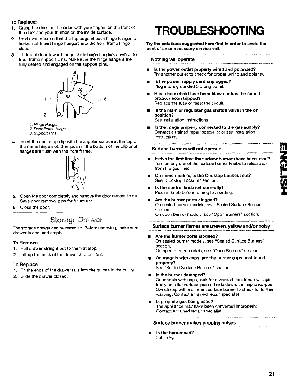 To replace, To remove, Nothing will operate | Surface burners will not operate, Surface burner makes popping noises, Troubleshooting, Storagt: oriiwer | Kenmore 665.75022 User Manual | Page 21 / 23