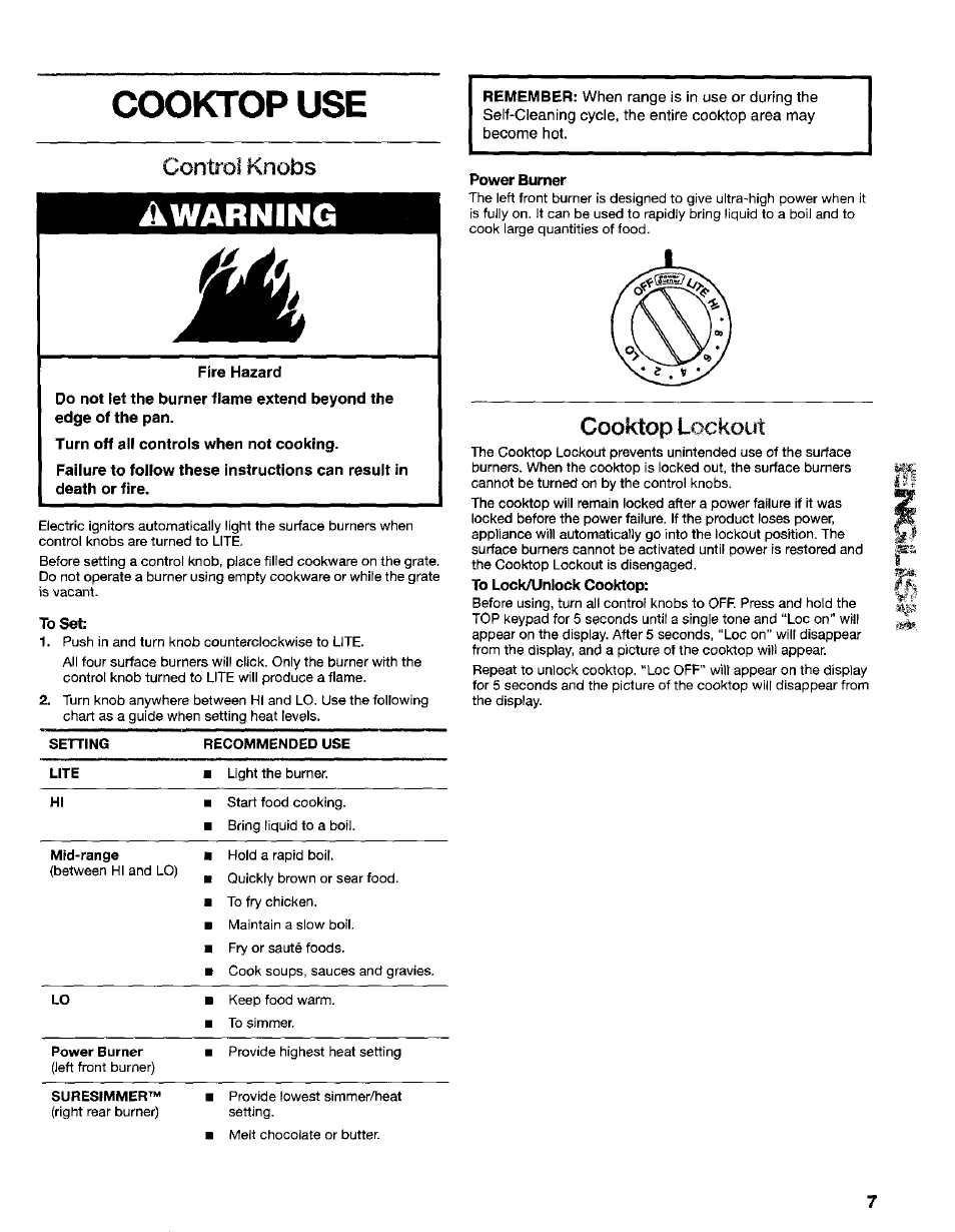 Ccxjktop use, To set, Cooktop use | Ikwarning, Control knobs, Cooktop lockout | Kenmore 665.75022 User Manual | Page 7 / 23