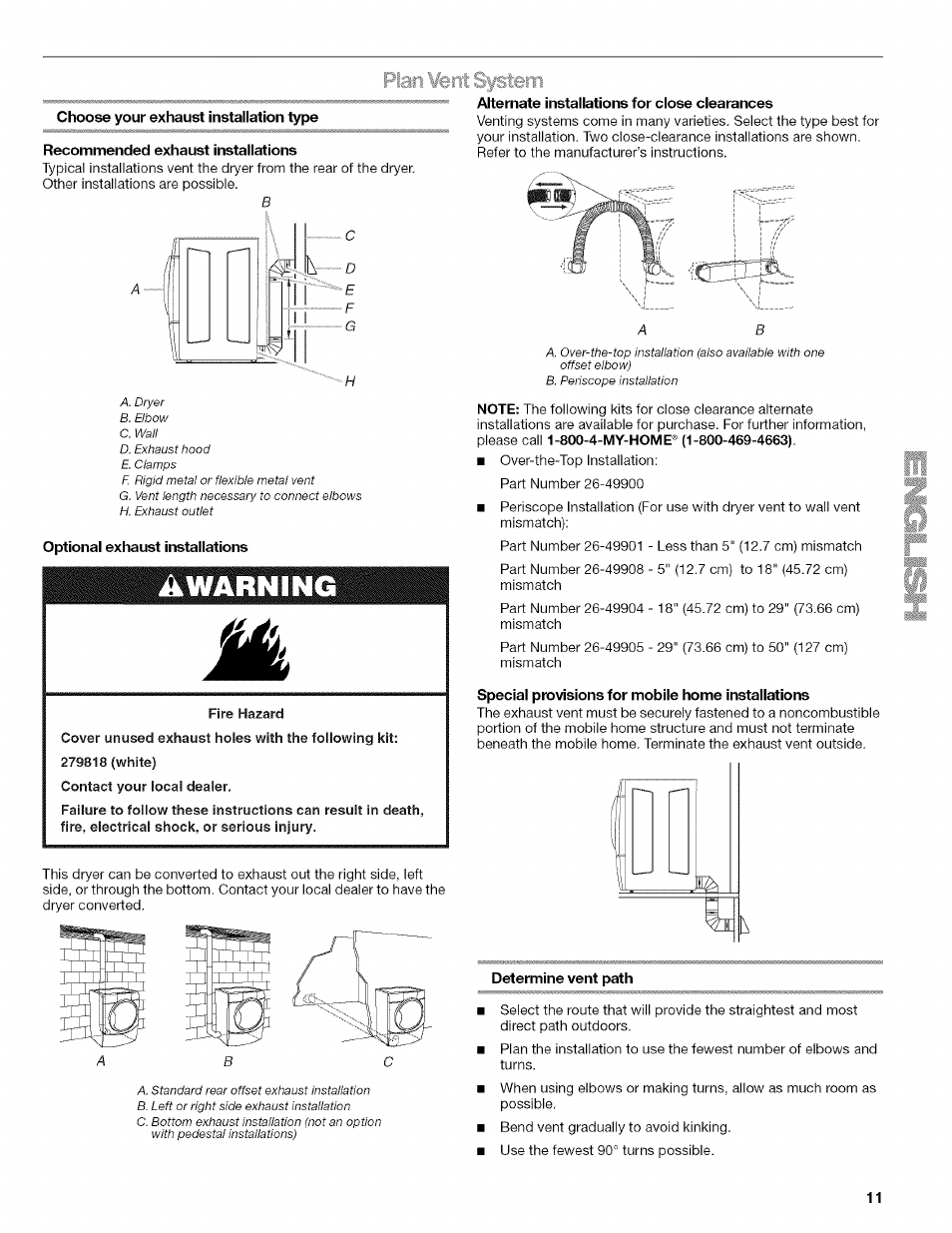 Optional exhaust installations, Special provisions for mobile home installations, Determine vent path | Plan ifent ssistem | Kenmore HE2 110.9758 User Manual | Page 11 / 48