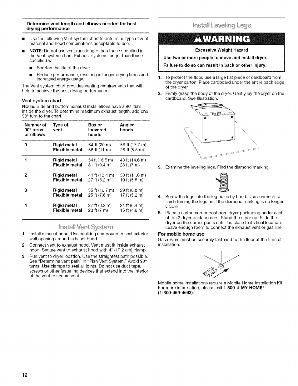 Vent system chart | Kenmore HE2 110.9758 User Manual | Page 12 / 48