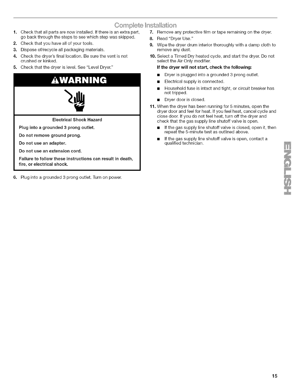 Warning, Complete iristalation | Kenmore HE2 110.9758 User Manual | Page 15 / 48