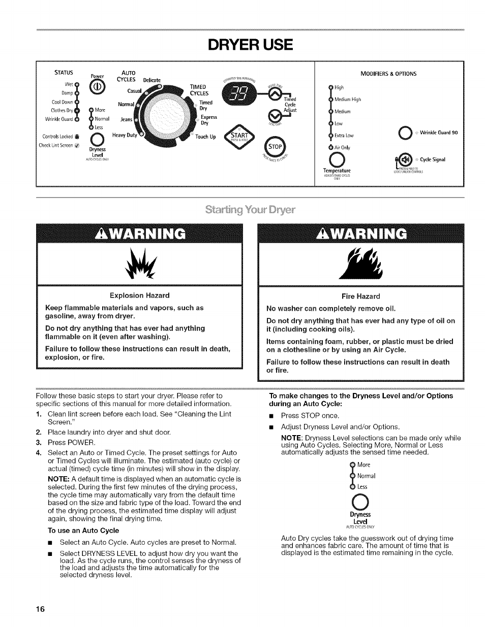 Dryer use, Starting ybyr dryer | Kenmore HE2 110.9758 User Manual | Page 16 / 48