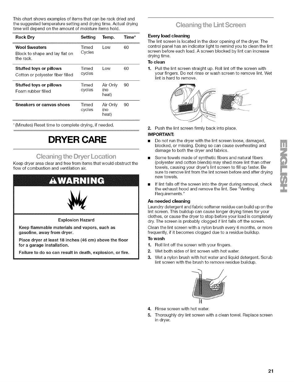 Explosion hazard, Every load cleaning, Important | Dryer care, A warning, Cleaning the lint screen, T lij/caticiri | Kenmore HE2 110.9758 User Manual | Page 21 / 48