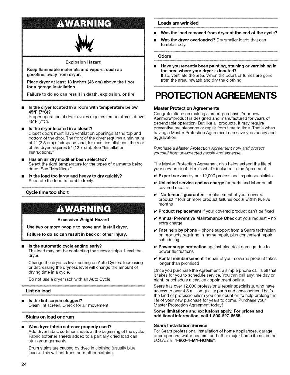 Cycle time too short, Lint on load, Stains on load or drum | Loads are wrinkled, Odors, Master protection agreements, Sears installation service, Protection agreements | Kenmore HE2 110.9758 User Manual | Page 24 / 48