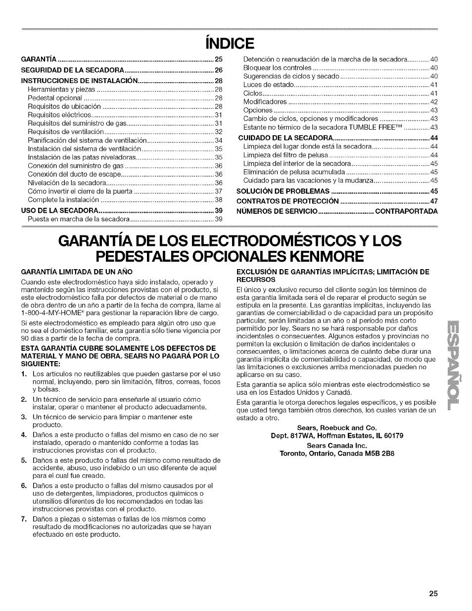 Indice | Kenmore HE2 110.9758 User Manual | Page 25 / 48