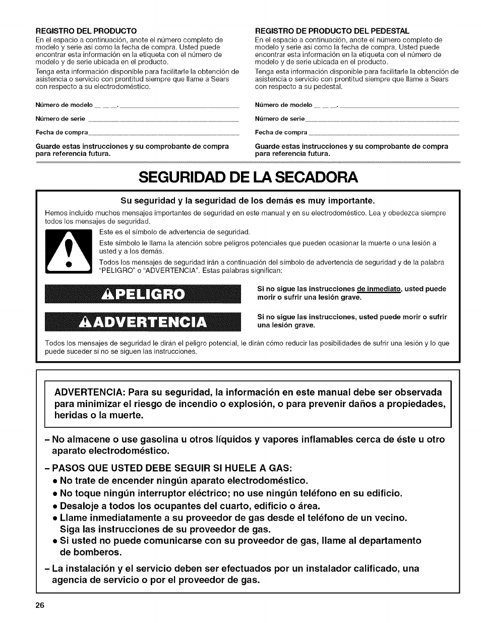 Seguridad de la secadora | Kenmore HE2 110.9758 User Manual | Page 26 / 48