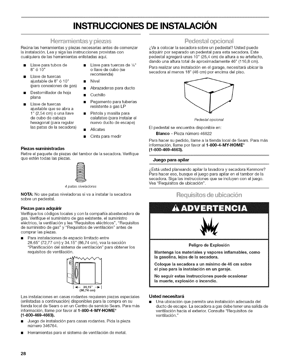 Piezas suministradas, Piezas para adquirir, Juego para apilar | Usted necesitará, Instrucciones de instalacion, A advertencia | Kenmore HE2 110.9758 User Manual | Page 28 / 48