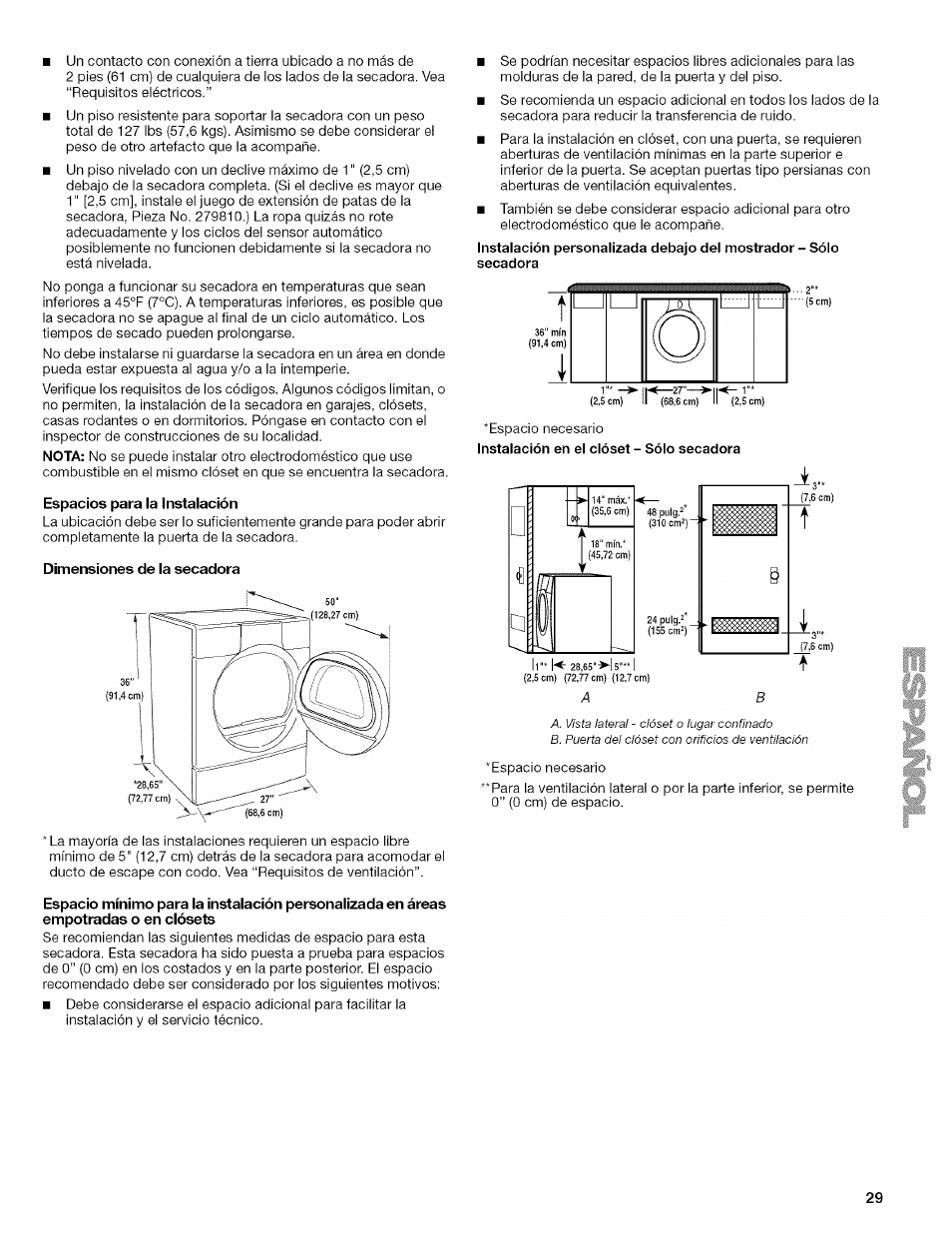 Espacios para la instalación, Dimensiones de la secadora | Kenmore HE2 110.9758 User Manual | Page 29 / 48