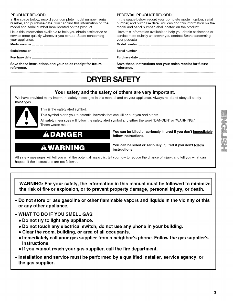 Dryer safety, Adanger awarning | Kenmore HE2 110.9758 User Manual | Page 3 / 48