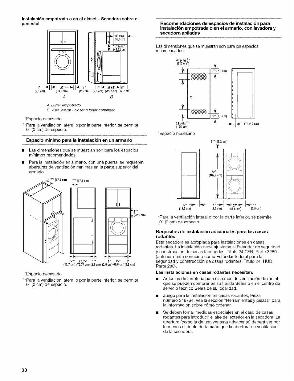 Espacio mínimo para la instalación en un armario | Kenmore HE2 110.9758 User Manual | Page 30 / 48