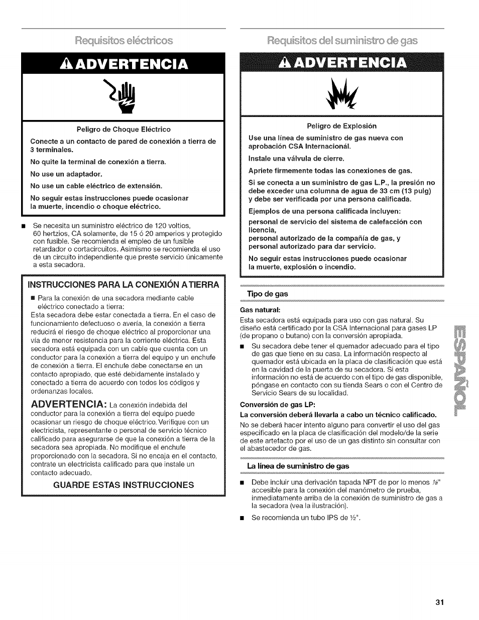 La línea de suministro de gas, A advertencia, Requisitos eléctricos recpisitosdel■ ..... ; 'c y | Kenmore HE2 110.9758 User Manual | Page 31 / 48