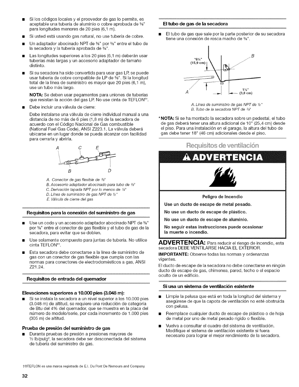 Requisitos para la conexión del suministro de gas, Requisitos de entrada del quemador, Elevaciones superiores a 10.0сю pies {3.048 m) | Prueba de presión del suministro de gas, El tubo de gas de la secadora, Si usa un sistema de ventilación existente, Requisitos del suministro de gas, Advertencia | Kenmore HE2 110.9758 User Manual | Page 32 / 48