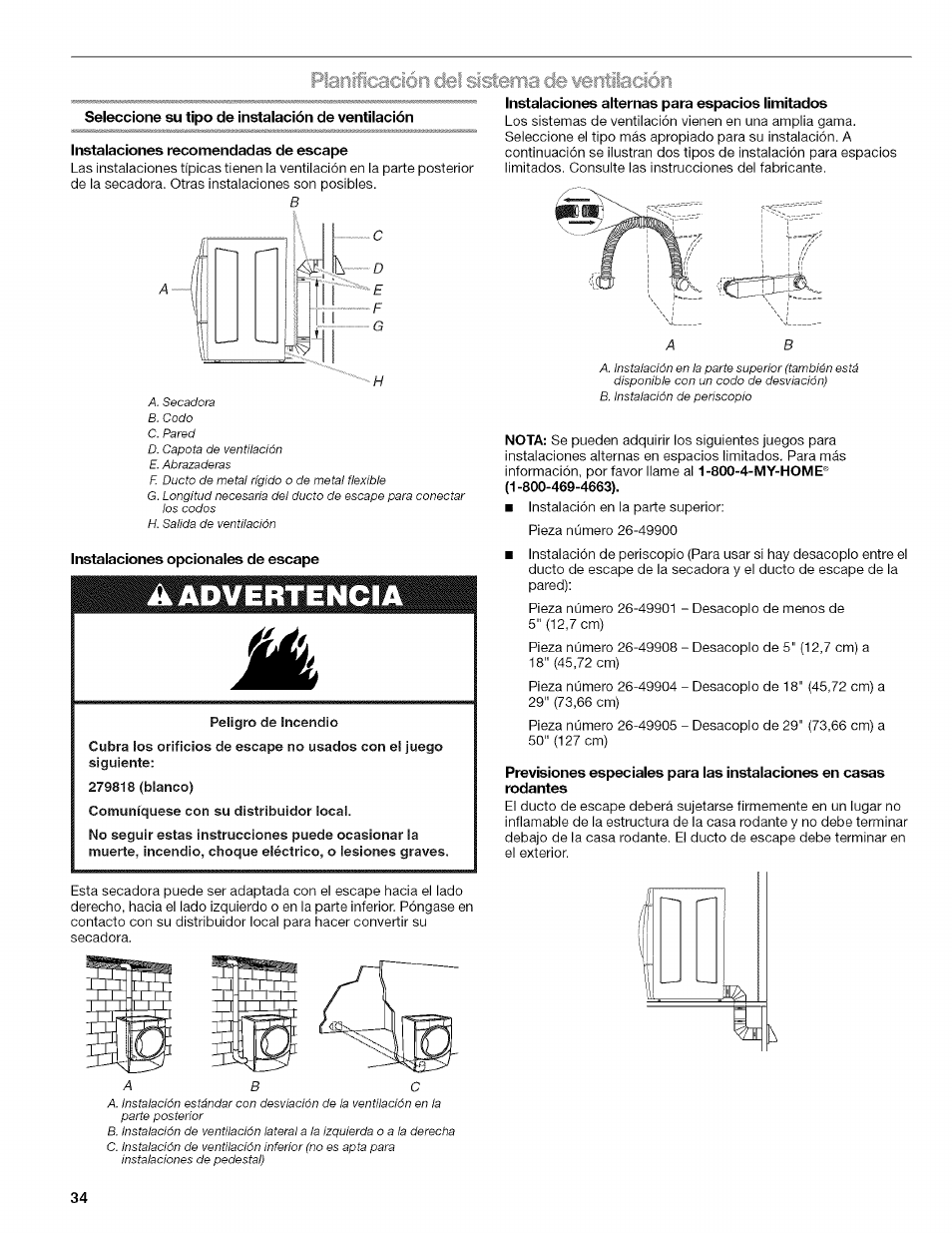 Seleccione su tipo de instalación de ventilación, Instalaciones recomendadas de escape, Instalaciones alternas para espacios limitados | Kenmore HE2 110.9758 User Manual | Page 34 / 48