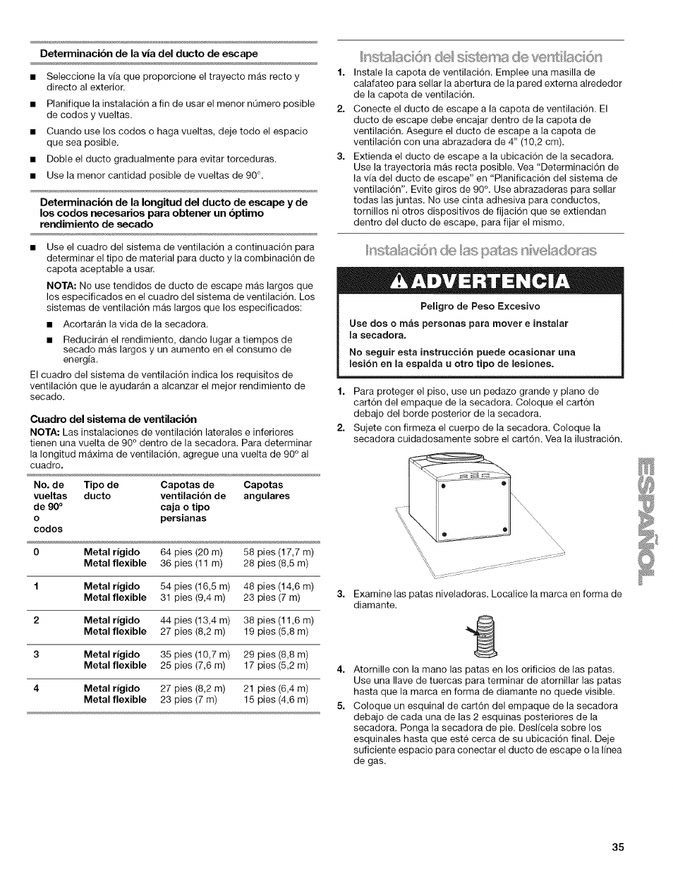 Determinación de ia vía dei ducto de escape, Cuadro del sistema de ventilación, Planificación del sistema de ventilación | Instalación del sistema de eentilación, Instalación de las patas niseladoras | Kenmore HE2 110.9758 User Manual | Page 35 / 48