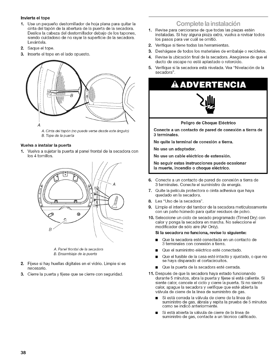 Invierta el tope, Vuelva a instalar la puerta, Advertencia | Complete la insfeilación | Kenmore HE2 110.9758 User Manual | Page 38 / 48