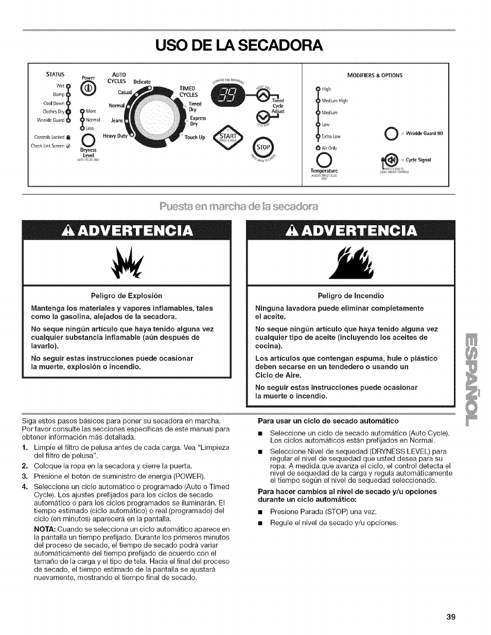 Peligro de explosion, Para usar un ciclo de secado automático, De la secadora | Ii advertencia, Iriiariaadtiiasecad€)ra | Kenmore HE2 110.9758 User Manual | Page 39 / 48