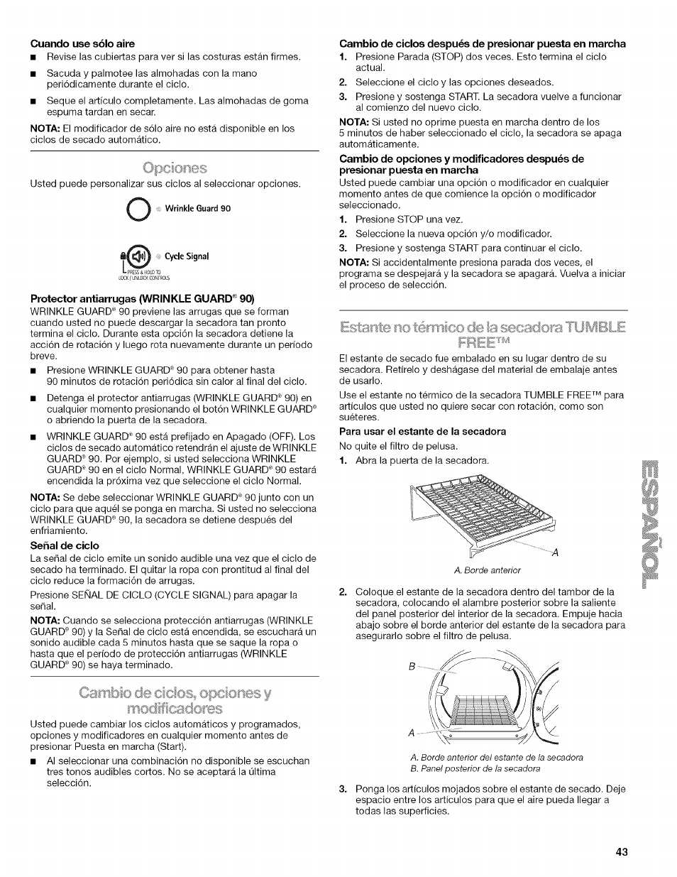 Cuando use sólo aìre, Protector antiarrugas {wrinkle guard® 90), Opciones | Kenmore HE2 110.9758 User Manual | Page 43 / 48