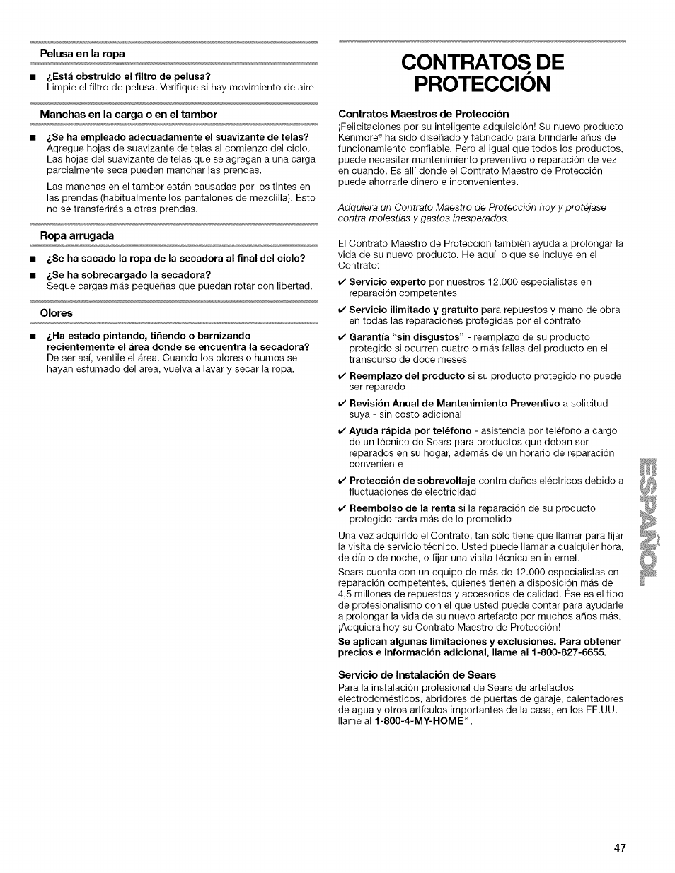 Contratos maestros de protección, Servicio de instalación de sears, Contratos de protección | Kenmore HE2 110.9758 User Manual | Page 47 / 48