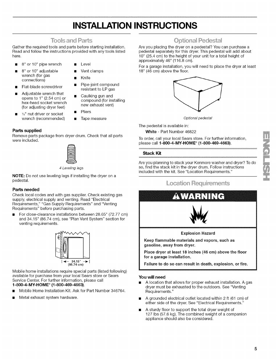 Parts supplied, Parts needed, Stack kit | Aijiy, Explosion hazard, You will need, Installation instructions, Awarning | Kenmore HE2 110.9758 User Manual | Page 5 / 48