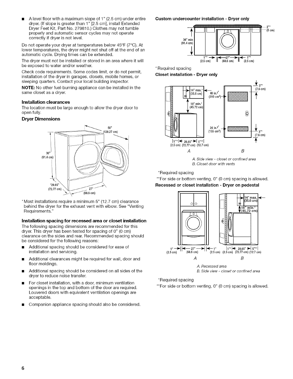 Installation clearances, Custom undercounter installation - dryer only | Kenmore HE2 110.9758 User Manual | Page 6 / 48