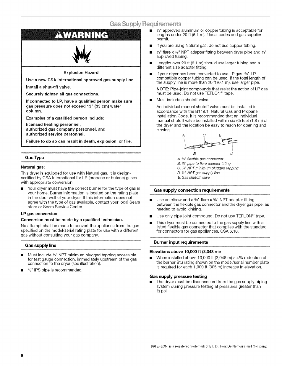 Explosion hazard, Gas type, Natural gas | Gas supply connection requirements, Burner input requirements, Elevations above 10,000 ft (3,048 m), Gas supply pressure testing, Awarning, Gas supply reciyirerneris | Kenmore HE2 110.9758 User Manual | Page 8 / 48