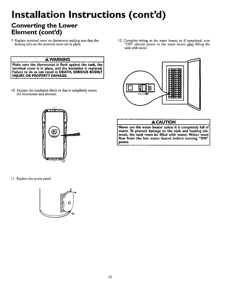 Ill warning, Installation instructions (cont’d), Converting the lower element (cont’d) | Kenmore 153.327366 User Manual | Page 12 / 32