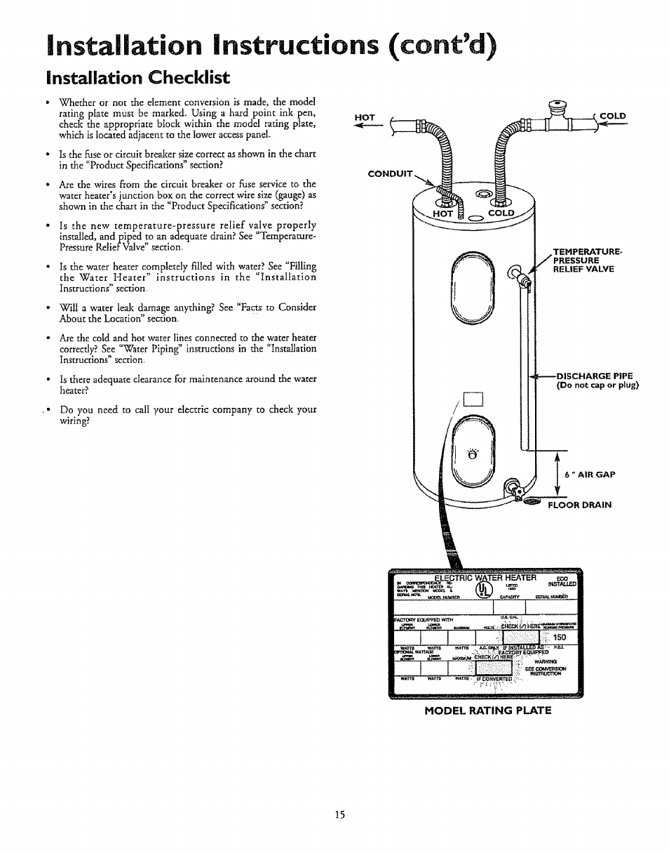 Installation instructions (cont’d), Installation checklist | Kenmore 153.327366 User Manual | Page 15 / 32