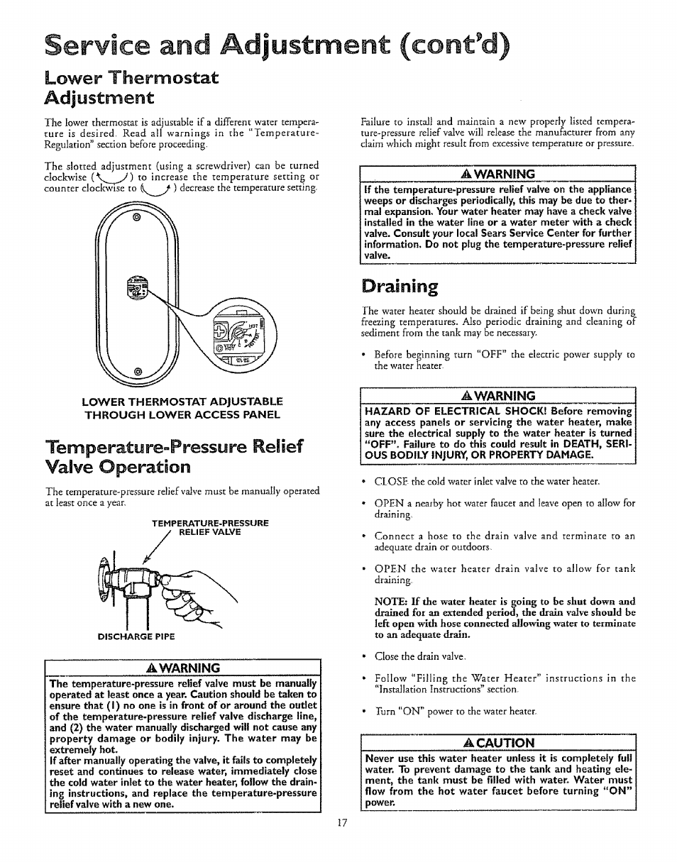 Lower thermostat adjustment, Temperature-pressure relief valve operation, Drainmg | Service and adjustment (cont’d) | Kenmore 153.327366 User Manual | Page 17 / 32